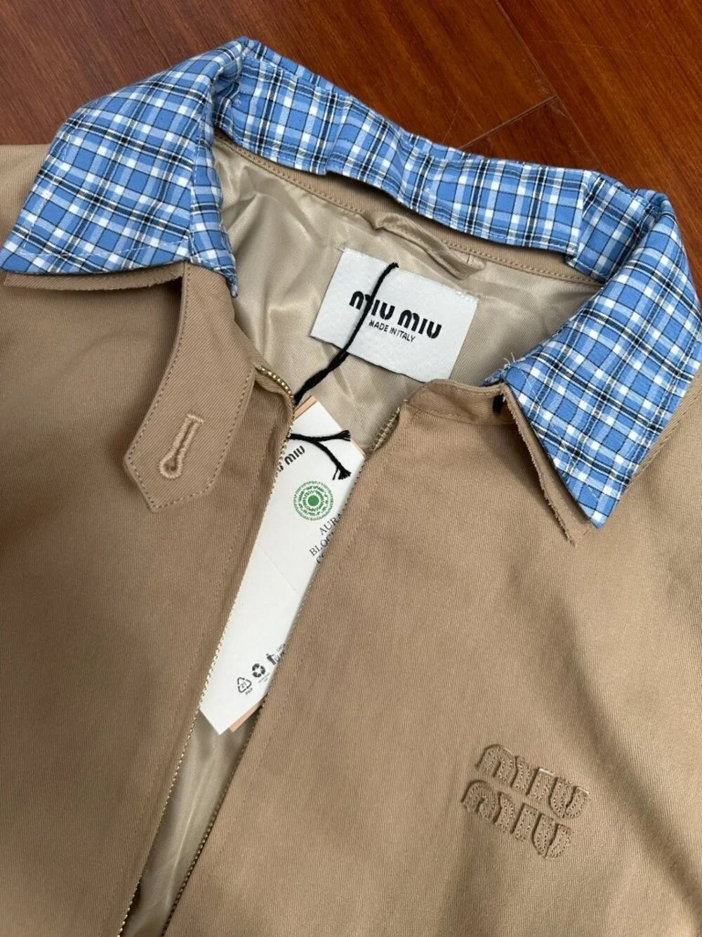 Miu Miu Women's Casual Zip-Collar Faux Two-Piece Jacket — Beige - Picture 2 of 6